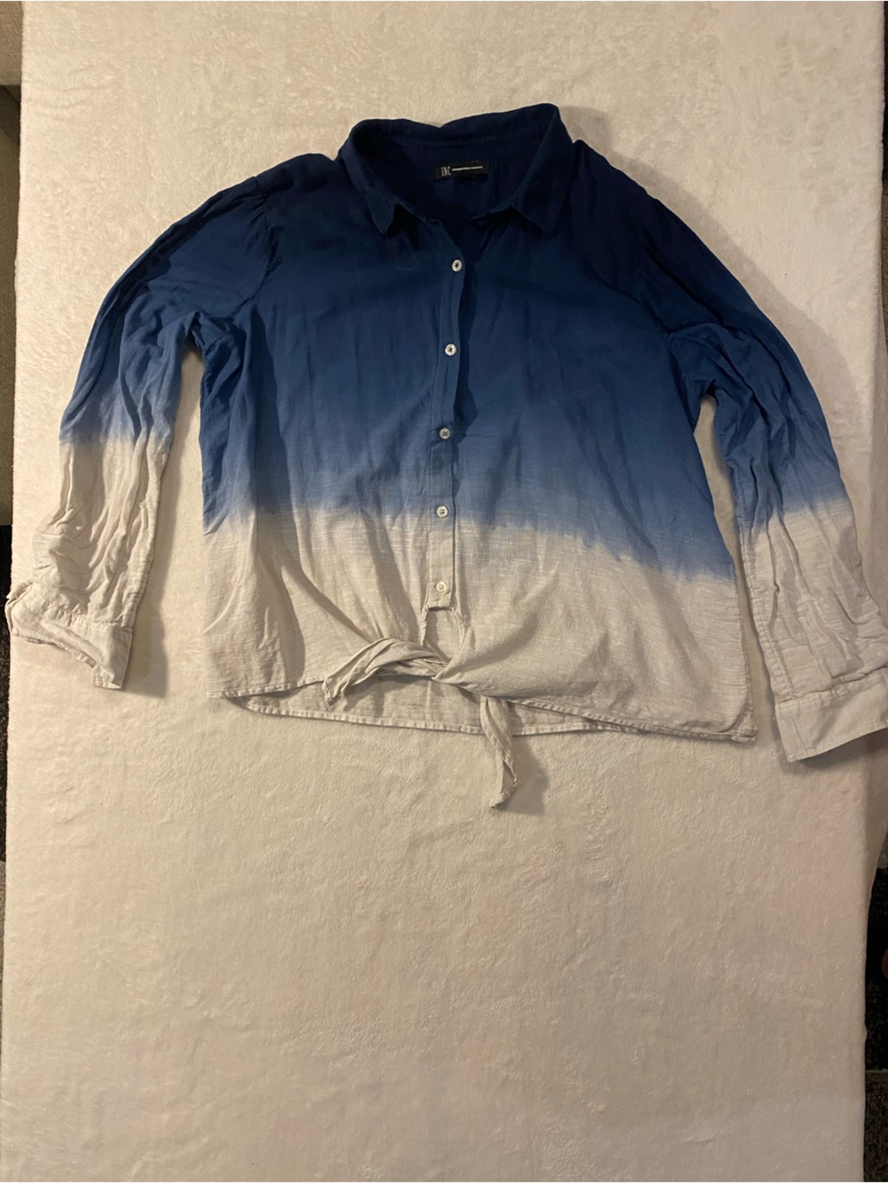 INC International Concepts Blue to White Ombre Button-Front Tie Hem Blouse